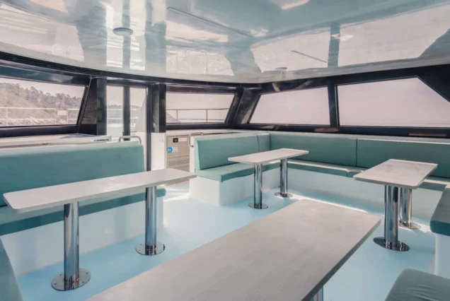 Air-conditioned cabin with sofas and tables