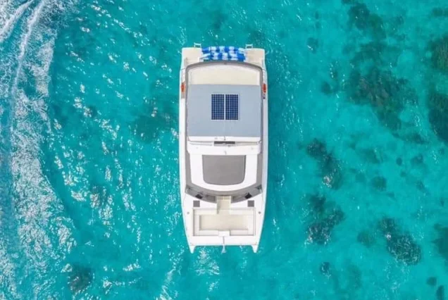Aerial view of Indigo Catamaran Yacht at sea