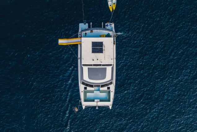 Top aerial view of Indigo Catamaran Yacht