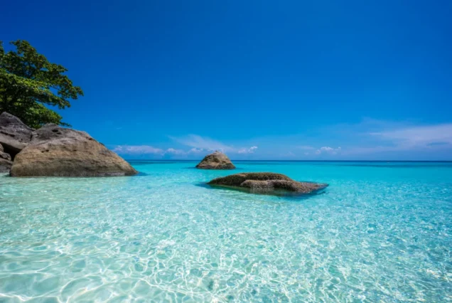 Clear water and powdery white sand in the Similan Islands