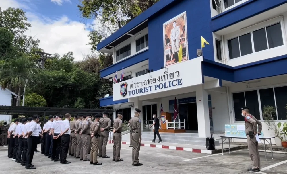 Phuket Tourist Police officers outside the Tourist Police station