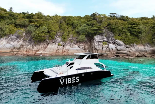 Aerial side view of Vibes Catamaran Yacht at Similan Island