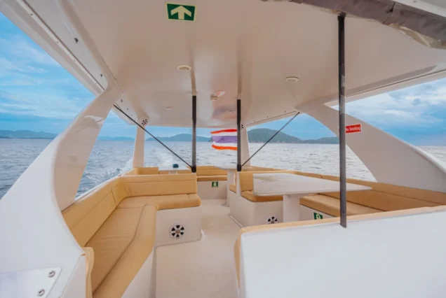 Airy catamaran interior with comfortable seating