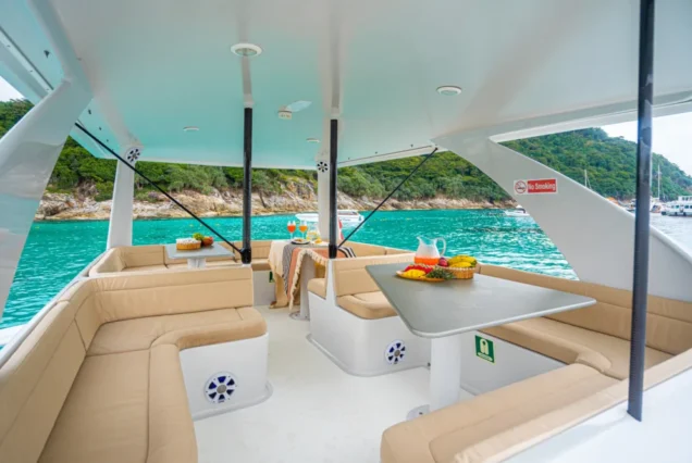 Contemporary indoor lounge aboard Vibes Catamaran