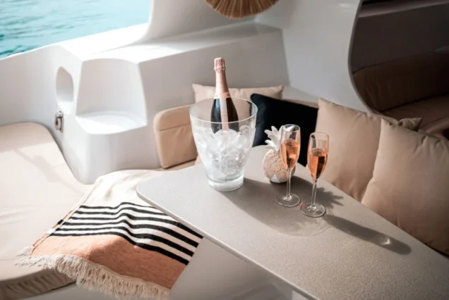 Welcome drinks inside the Vibes Catamaran lounge