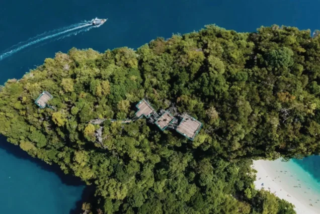 Aerial view of the hilltop and viewpoint platforms on Hong Island