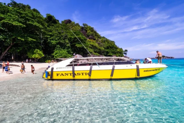 Fantastic yellow speedboat beside a Similan beach