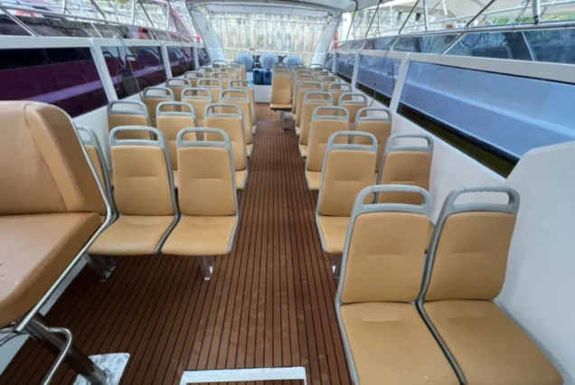 Fantastic speedboat passenger seating and life jackets viewed from the helm