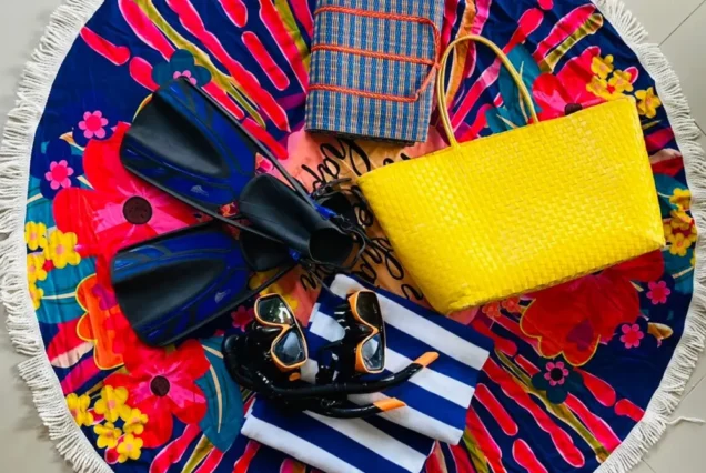 Snorkeling fins, towel, beach mat and carrying basket for the Fantastic trip