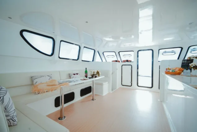 Interior seating and lounge details on Flash No.7 yacht