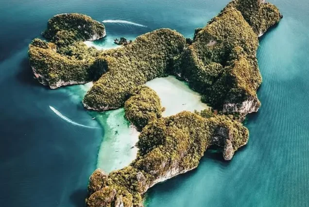 Aerial overview of Hong Island’s limestone formations and sheltered bay