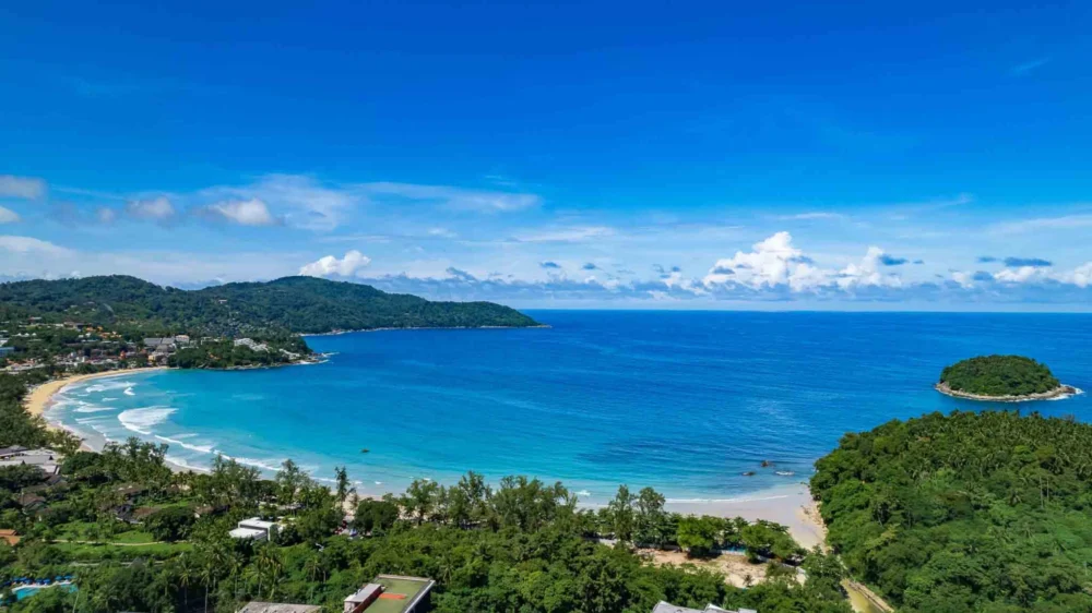 Kata Beach bay, the coastline and an offshore island viewed from above