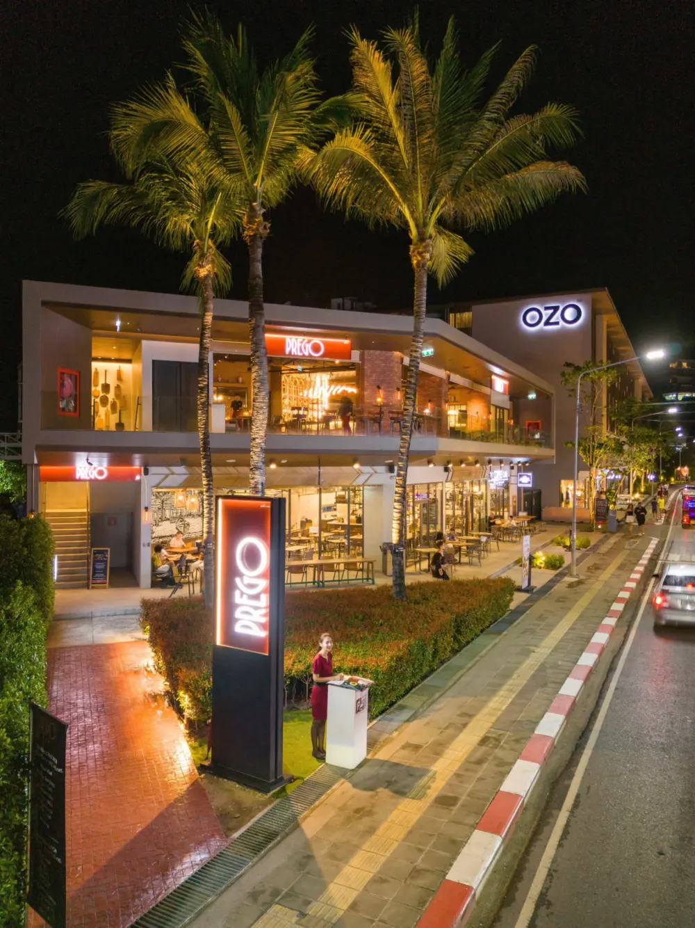 PREGO Italian restaurant at OZO Phuket illuminated at night