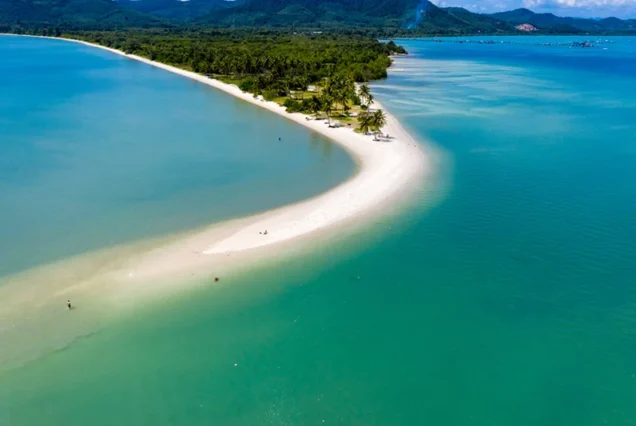 Aerial view of the curved Laem Haad sandbar on Koh Yao Yai