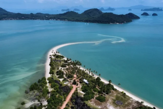 Aerial view along the Laem Haad coastline and sandbar