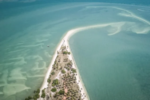 Wide aerial view of the Laem Haad sandbar and surrounding shallows