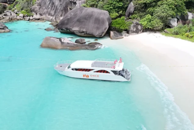 Aerial view of Once catamaran beside the beach