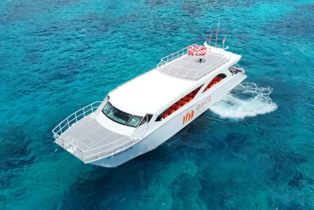 Overhead aerial view of Once catamaran
