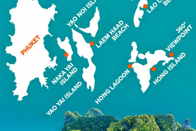 Map of Phuket, Koh Yao Yai and the Hong Island Krabi day-trip destinations