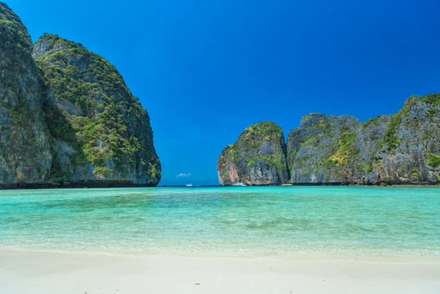 Maya Bay surrounded by limestone cliffs