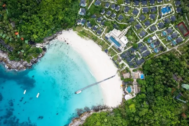 Aerial view of Patok Bay and white sand beach on Racha Island