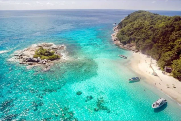 Aerial view of the sandbar and turquoise water at Racha Noi Island