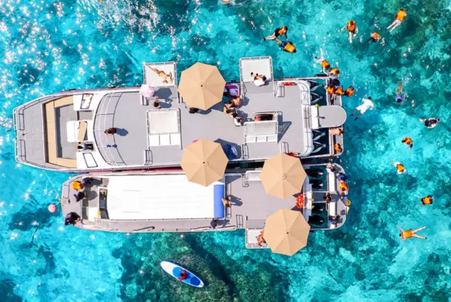 Aerial view of Seastar Rainbow Catamaran showing its two-deck layout