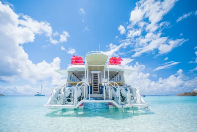 Rear view of the Seastar Rainbow power catamaran used for the Similan trip