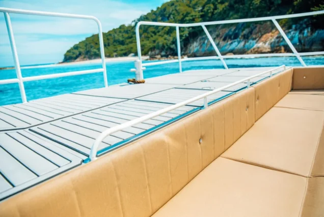 Bow sofa on the Seastar Rainbow power catamaran