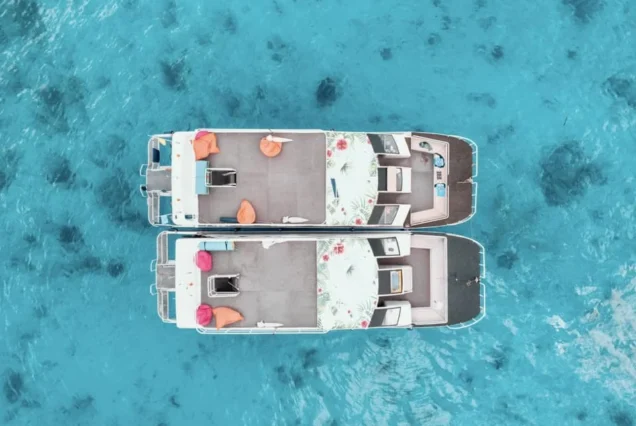 Aerial view of two Seastar Rainbow catamarans at sea