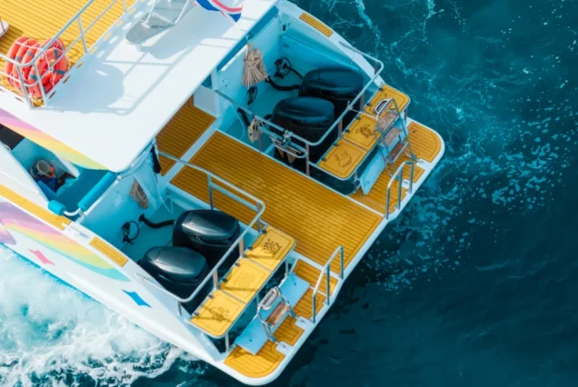 Aerial rear view of Tip-Top double-deck catamaran