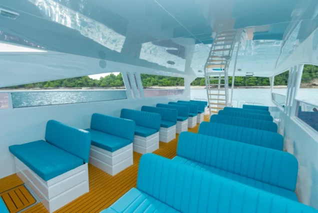 Covered passenger seating aboard Tip-Top Catamaran